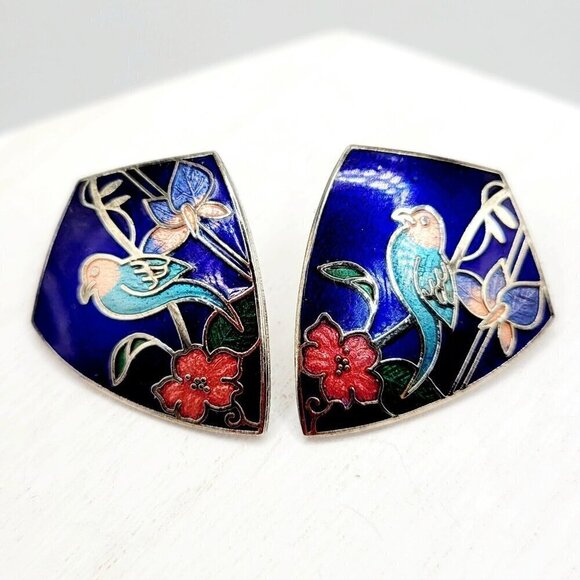Vintage Silver Tone Cloisonne Bird & Flower Earrings Blue Enamel Shield Shape - Picture 1 of 4